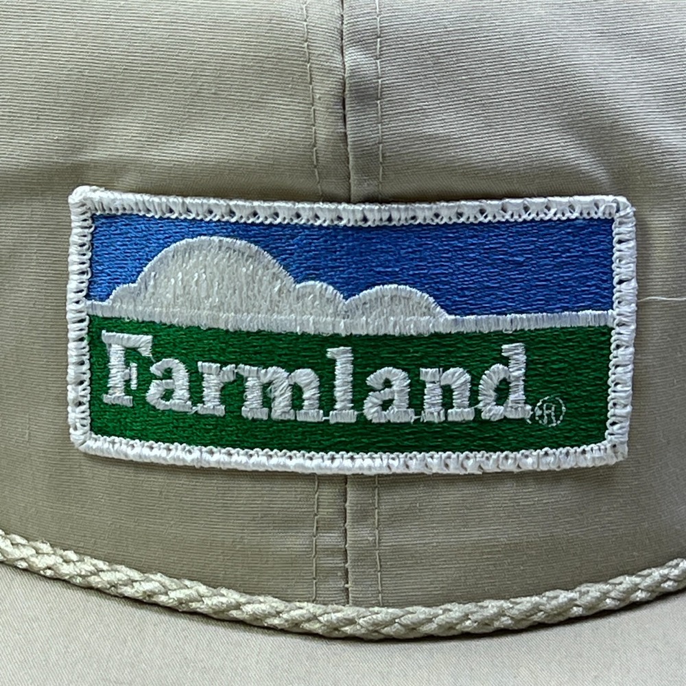 VTG Farmland Trucker Hat K-Brand Beige Denim Cord Cap Leather Strap USA Made - Picture 2 of 12